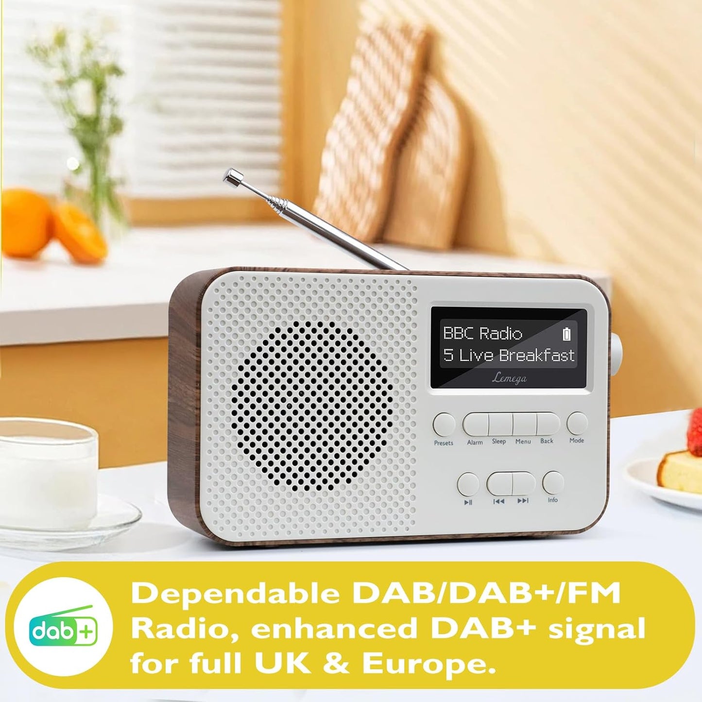 DAB Radio with Bluetooth | Digital Radios Mains and Battery | Rechargeable Battery 15HR Playback | Dual Alarm Clock | FM Radio,40 Presets,Headphone Jack | Bluetooth 5.3 I  Pr2-Max Walnut