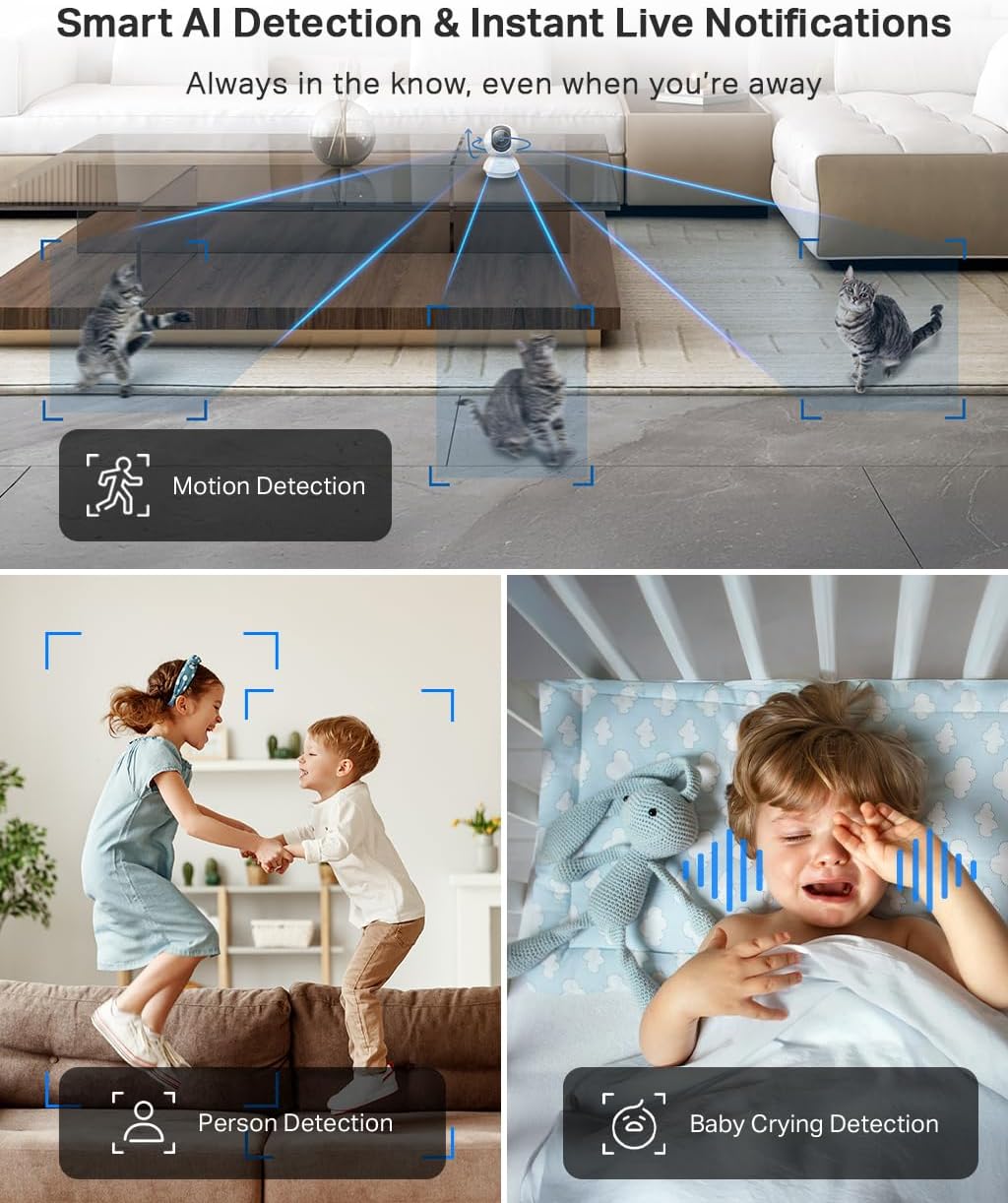 C210 2K 3MP Pan/Tilt Indoor Camera House Security Camera, Wifi Camera, No Monthly Fee, AI Detection, Dog Puppy Camera, Baby Camera Monitor, 360° View, Night Vision, Works with Alexa & Google