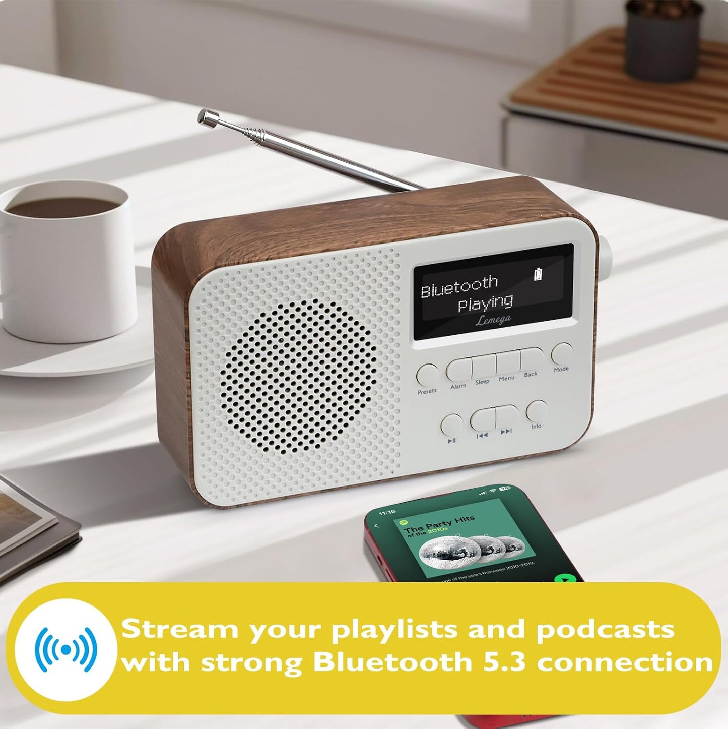 DAB Radio with Bluetooth | Digital Radios Mains and Battery | Rechargeable Battery 15HR Playback | Dual Alarm Clock | FM Radio,40 Presets,Headphone Jack | Bluetooth 5.3 I  Pr2-Max Walnut