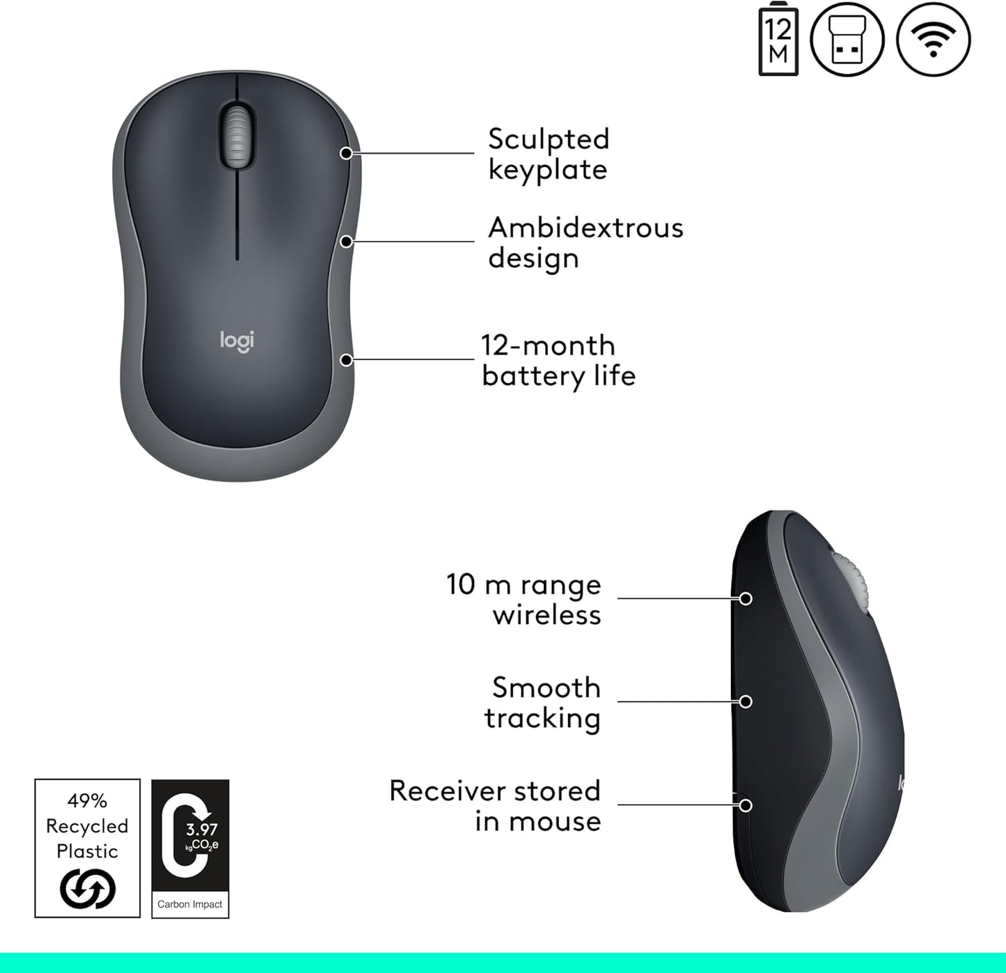 M185 Wireless Mouse, 2.4Ghz with USB Mini Receiver, 12-Month Battery Life, 1000 DPI Optical Tracking, Ambidextrous, Compatible with PC, Mac, Laptop - Grey