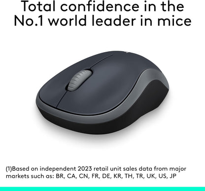 M185 Wireless Mouse, 2.4Ghz with USB Mini Receiver, 12-Month Battery Life, 1000 DPI Optical Tracking, Ambidextrous, Compatible with PC, Mac, Laptop - Grey