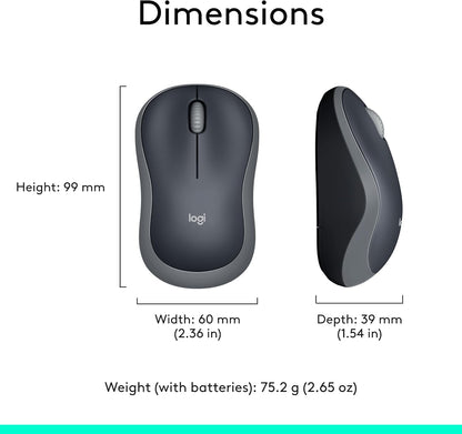 M185 Wireless Mouse, 2.4Ghz with USB Mini Receiver, 12-Month Battery Life, 1000 DPI Optical Tracking, Ambidextrous, Compatible with PC, Mac, Laptop - Grey