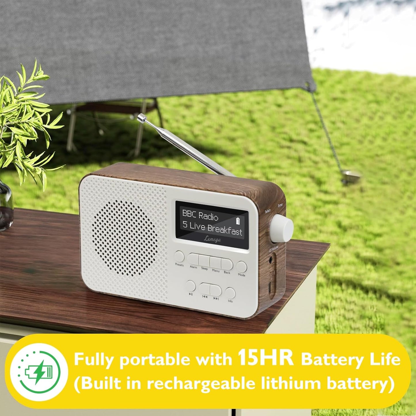 DAB Radio with Bluetooth | Digital Radios Mains and Battery | Rechargeable Battery 15HR Playback | Dual Alarm Clock | FM Radio,40 Presets,Headphone Jack | Bluetooth 5.3 I  Pr2-Max Walnut