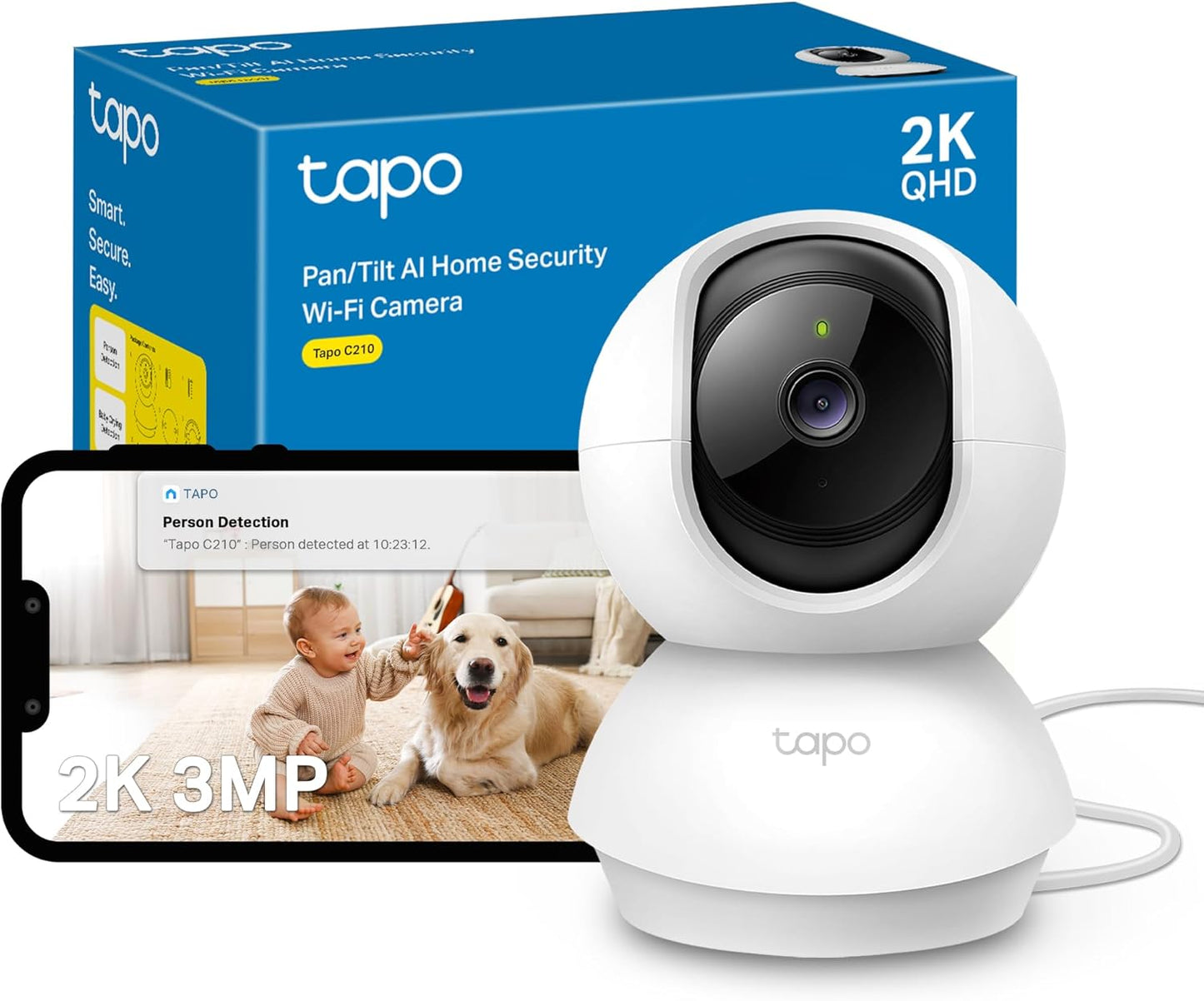 C210 2K 3MP Pan/Tilt Indoor Camera House Security Camera, Wifi Camera, No Monthly Fee, AI Detection, Dog Puppy Camera, Baby Camera Monitor, 360° View, Night Vision, Works with Alexa & Google