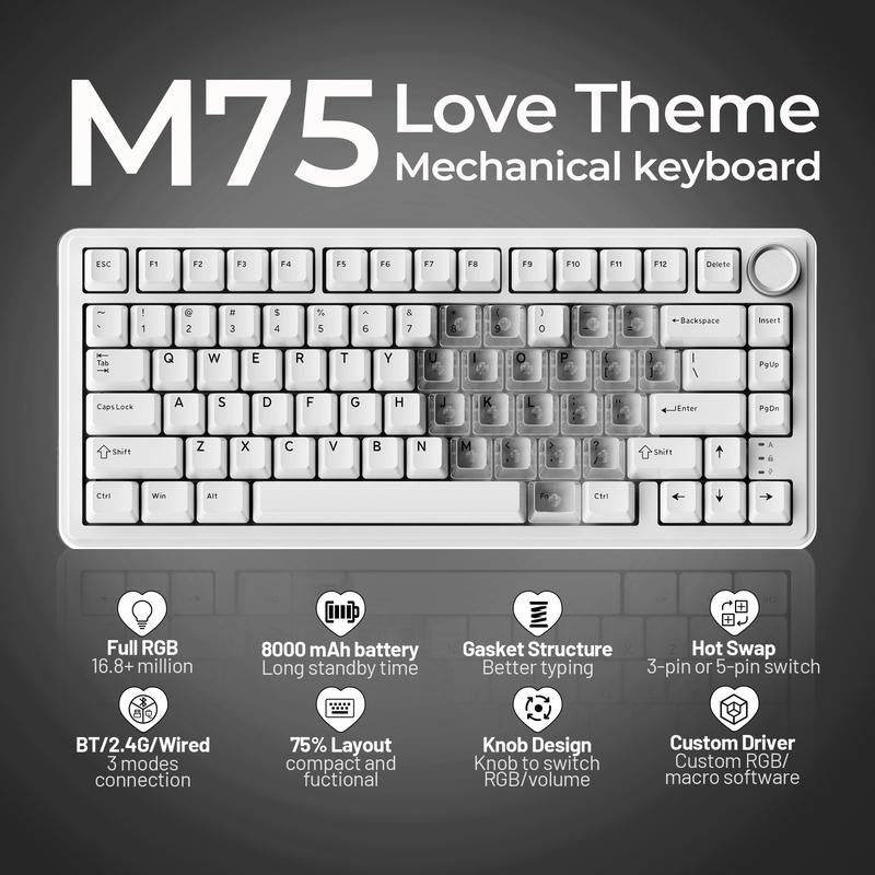 XVX M75 Lumina Tri-Mode 75% Mechanical Wireless Keyboard with Knob