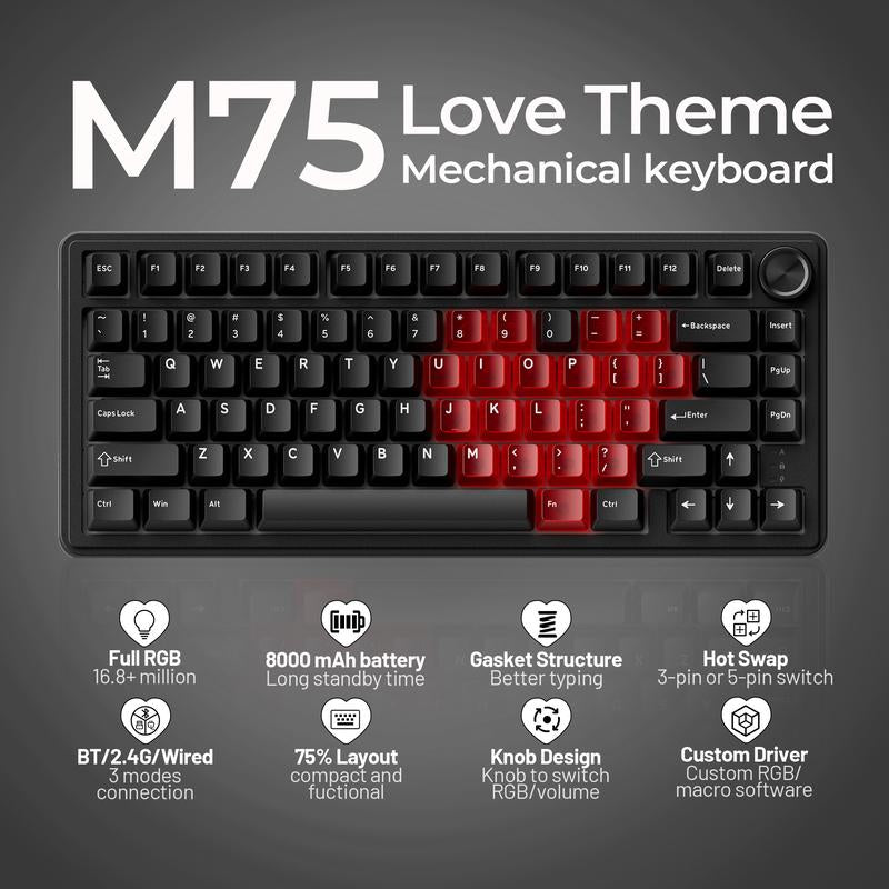 XVX M75 Lumina Tri-Mode 75% Mechanical Wireless Keyboard with Knob